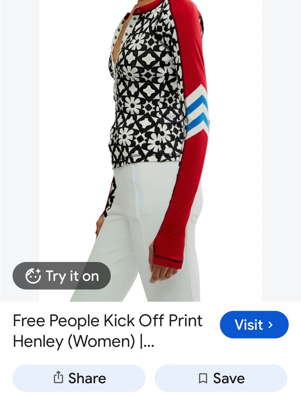 Free People Red Sleeve Black-and-White Floral Henley